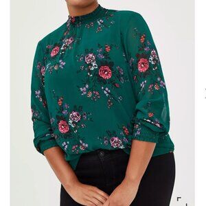Torrid Green Floral Chiffon Smocked Mock Neck Blouse